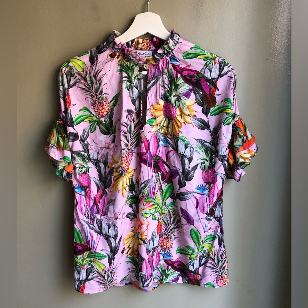 Robert Graham Paige Palm Ruffle-Trim TropicalPrint Keyhole Top Size: S